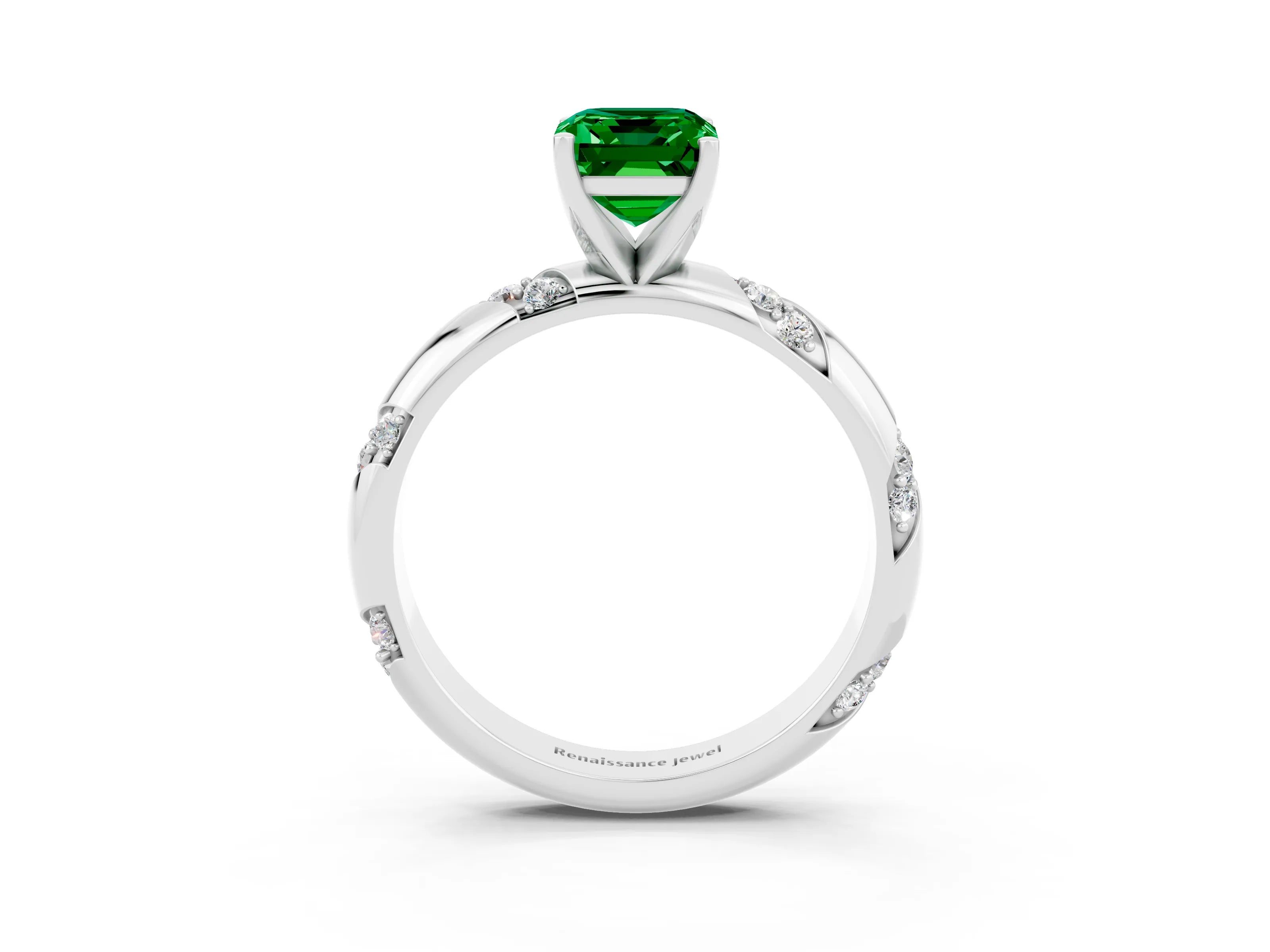 White gold Emerald Cut Solitaire Diamond Engagement Ring with Twisted Pave Band and Four-Prong Setting_3