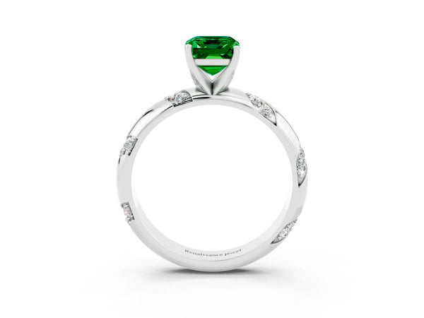 Platinum Emerald Cut Emerald Solitaire Engagement Ring with Twisted Round  Accent Band and Prong Setting