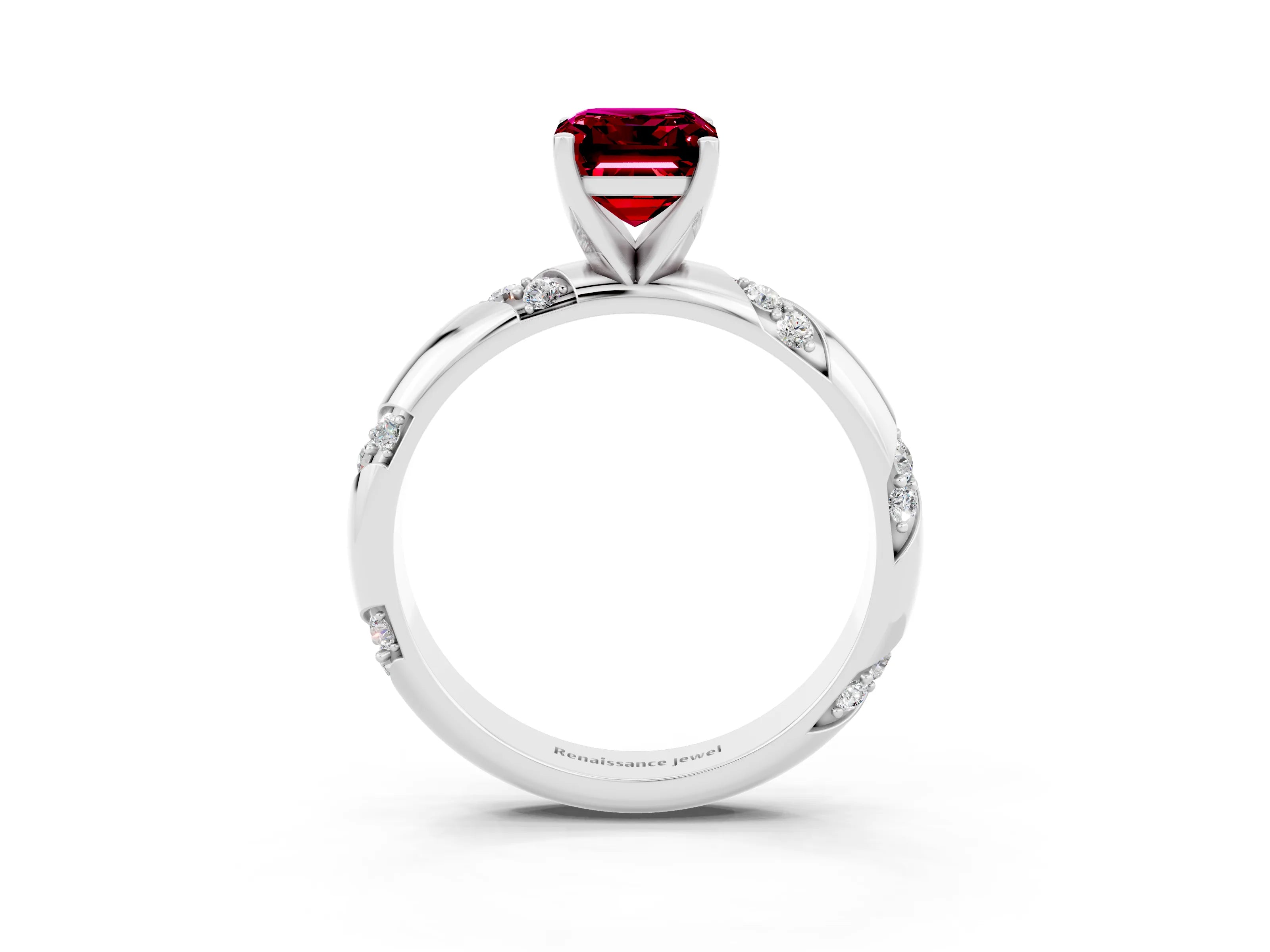 White gold Emerald Cut Solitaire Diamond Engagement Ring with Twisted Pave Band and Four-Prong Setting_3