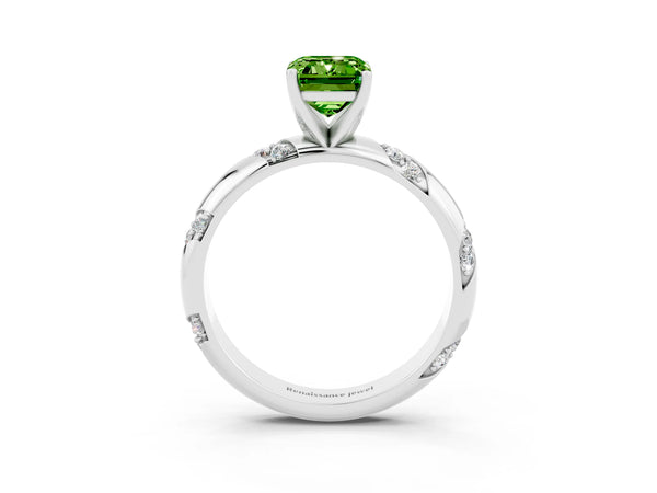 Silver Emerald Cut Solitaire Diamond Engagement Ring with Twisted Pave Band and Four-Prong Setting