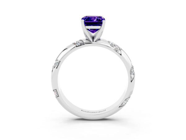 White gold Emerald Cut Tanzanite Solitaire Engagement Ring with Twisted Round  Accent Band and Prong Setting