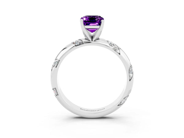 Platinum Emerald Cut Amethyst Solitaire Engagement Ring with Twisted Round  Accent Band and Prong Setting