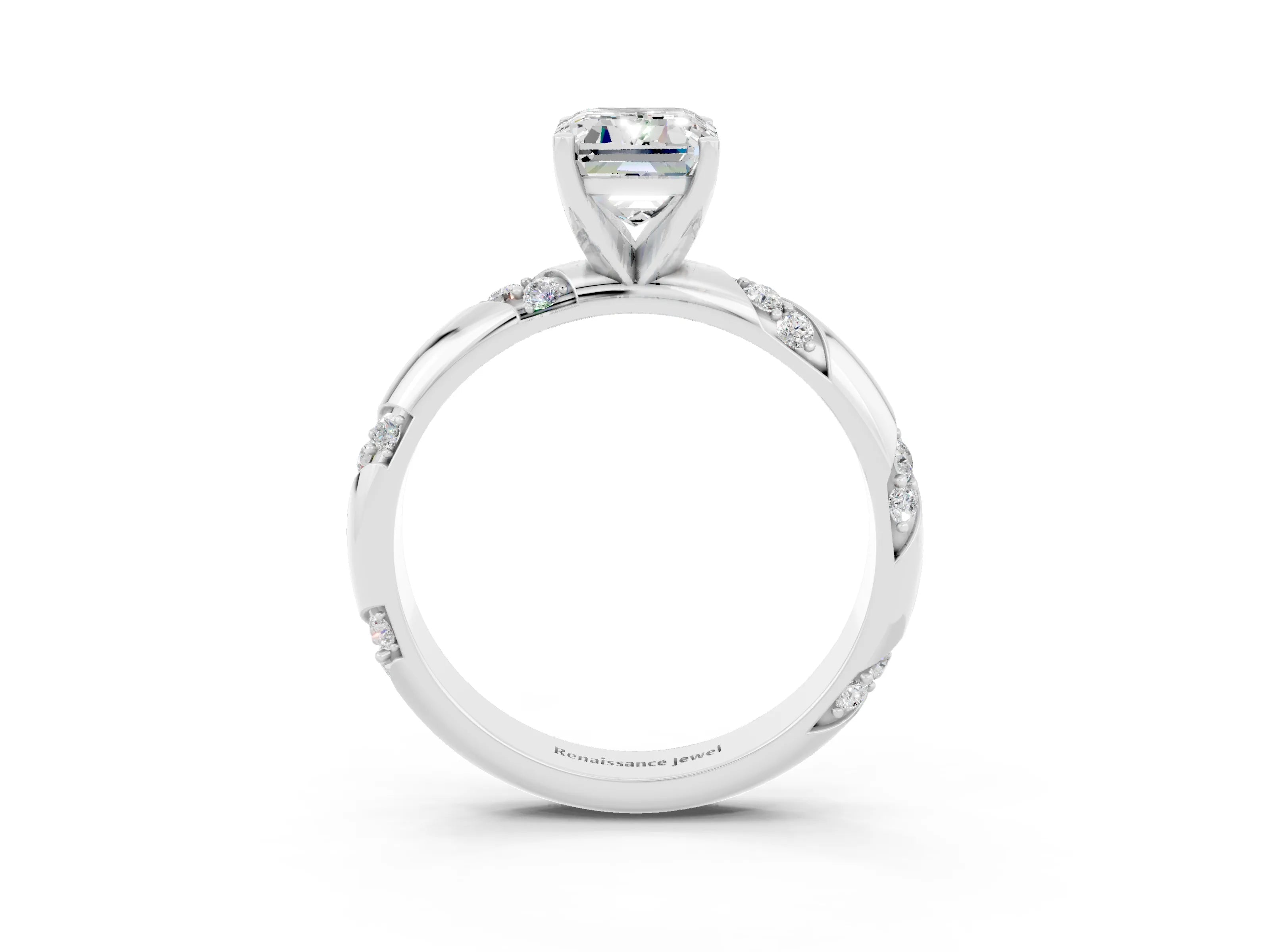 White gold Emerald Cut Solitaire Diamond Engagement Ring with Twisted Pave Band and Four-Prong Setting_3