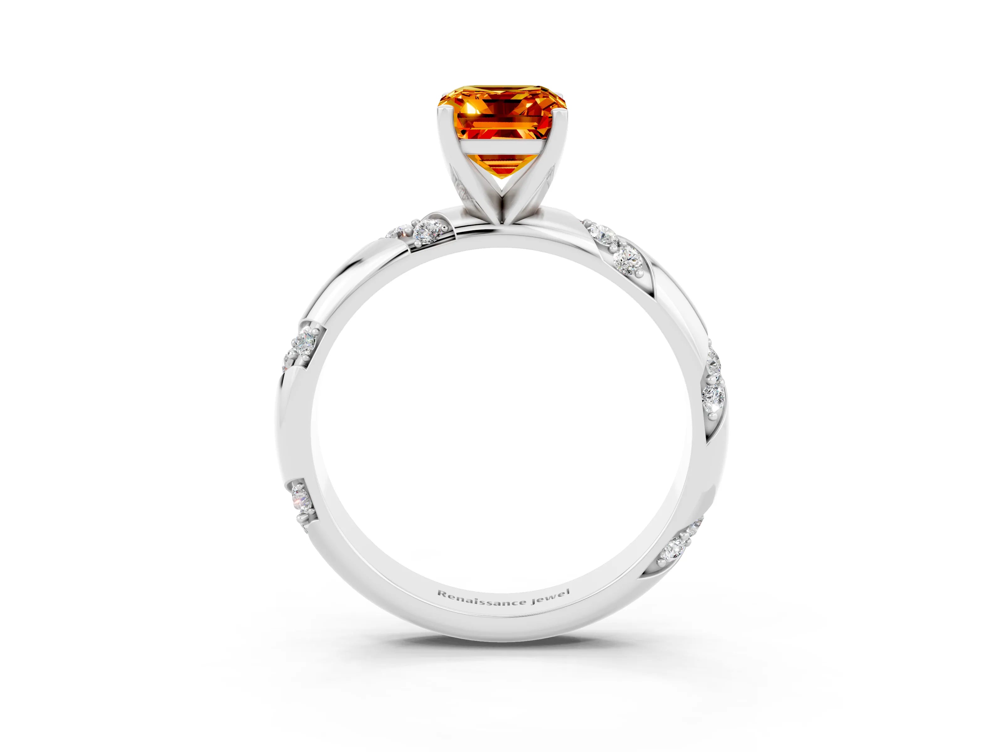 White gold Emerald Cut Solitaire Diamond Engagement Ring with Twisted Pave Band and Four-Prong Setting_3