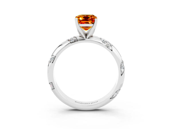 Silver Emerald Cut Citrine Solitaire Engagement Ring with Twisted Round  Accent Band and Prong Setting