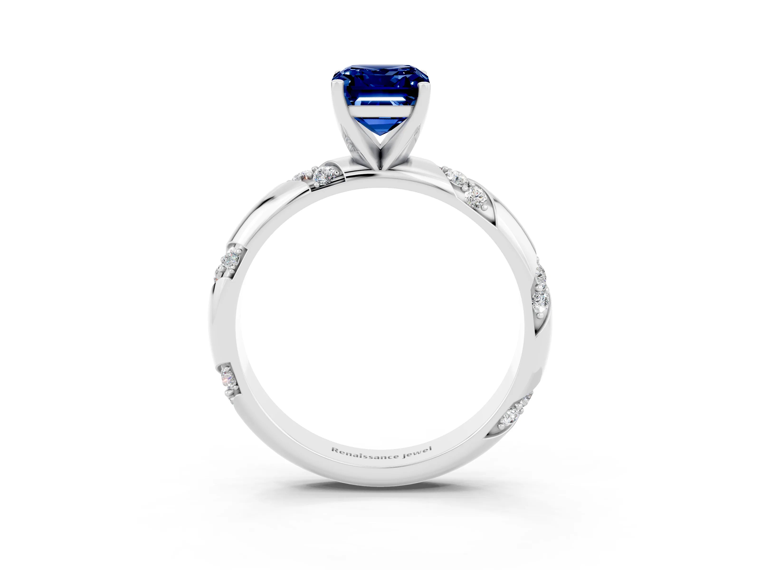 White gold Emerald Cut Solitaire Diamond Engagement Ring with Twisted Pave Band and Four-Prong Setting_3