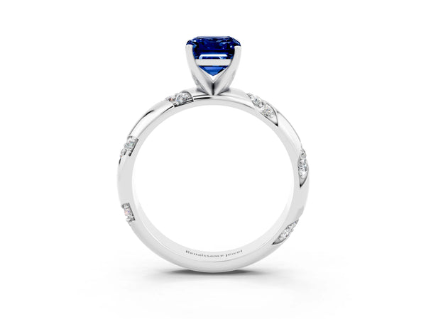 White gold Emerald Cut Blue Sapphire Solitaire Engagement Ring with Twisted Round  Accent Band and Prong Setting
