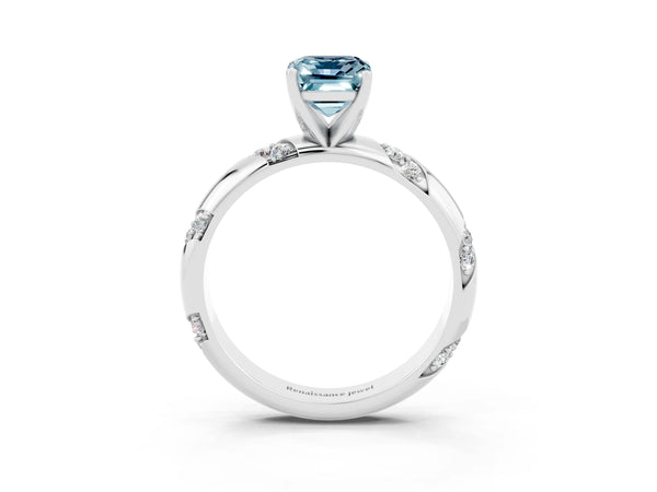 Platinum Emerald Cut Aquamarine Solitaire Engagement Ring with Twisted Round  Accent Band and Prong Setting