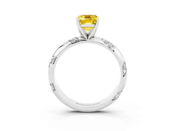 Platinum Emerald Cut Yellow Sapphire Solitaire Engagement Ring with Twisted Round  Accent Band and Prong Setting