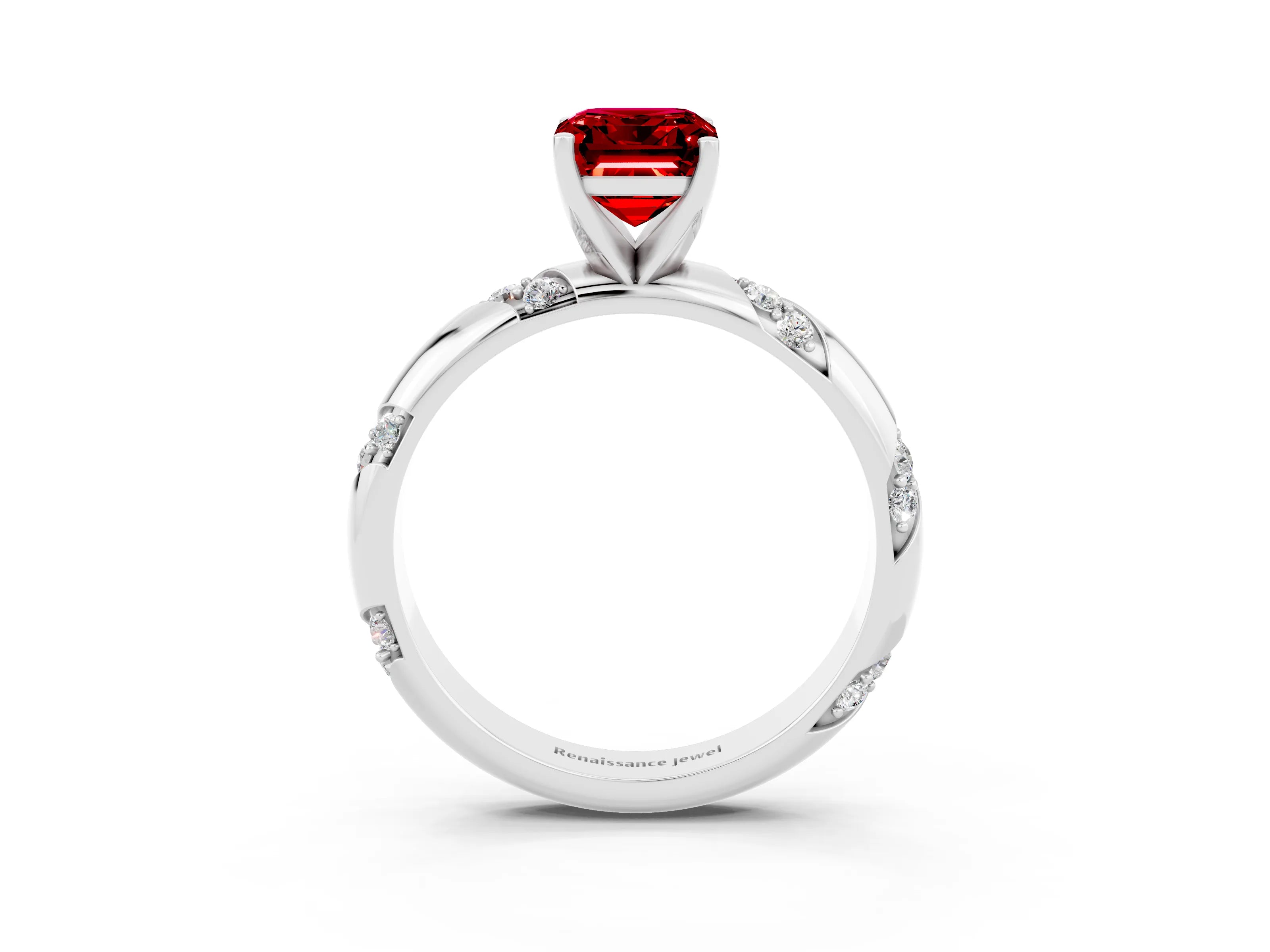 White gold Emerald Cut Solitaire Diamond Engagement Ring with Twisted Pave Band and Four-Prong Setting_3
