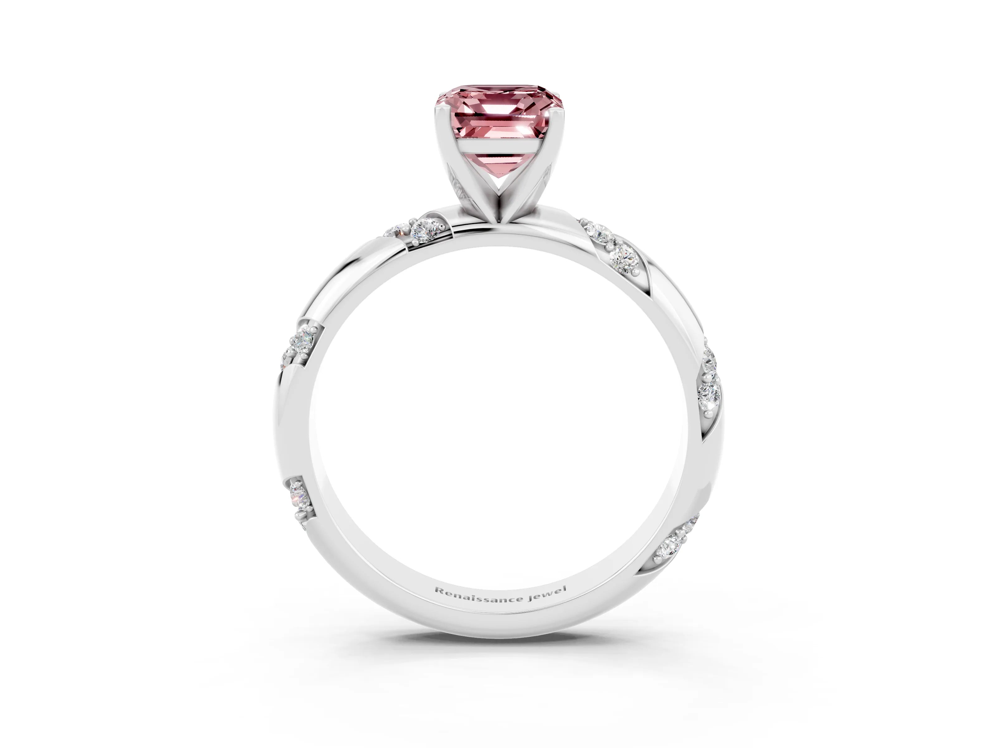 White gold Emerald Cut Solitaire Diamond Engagement Ring with Twisted Pave Band and Four-Prong Setting_3