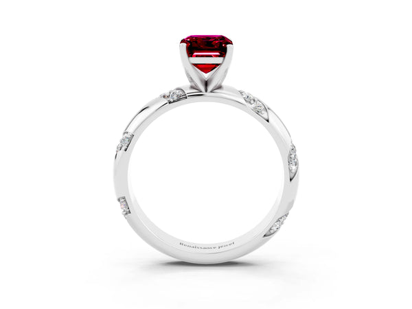 Platinum Emerald Cut Garnet Solitaire Engagement Ring with Twisted Round  Accent Band and Prong Setting