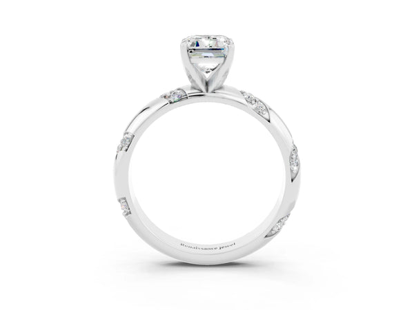 White gold Emerald Cut Moissanite Solitaire Engagement Ring with Twisted Round  Accent Band and Prong Setting