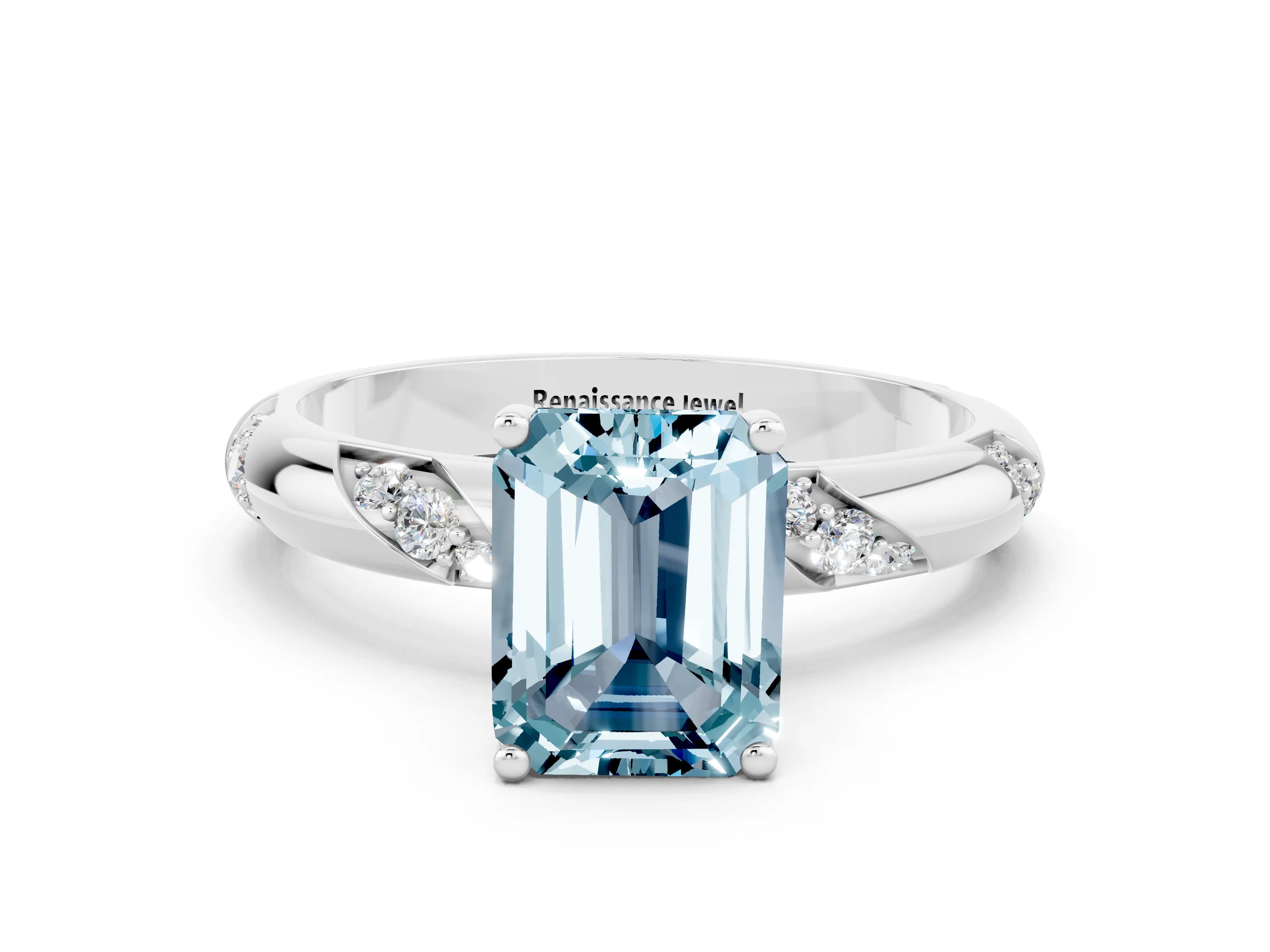 White gold Emerald Cut Solitaire Diamond Engagement Ring with Twisted Pave Band and Four-Prong Setting