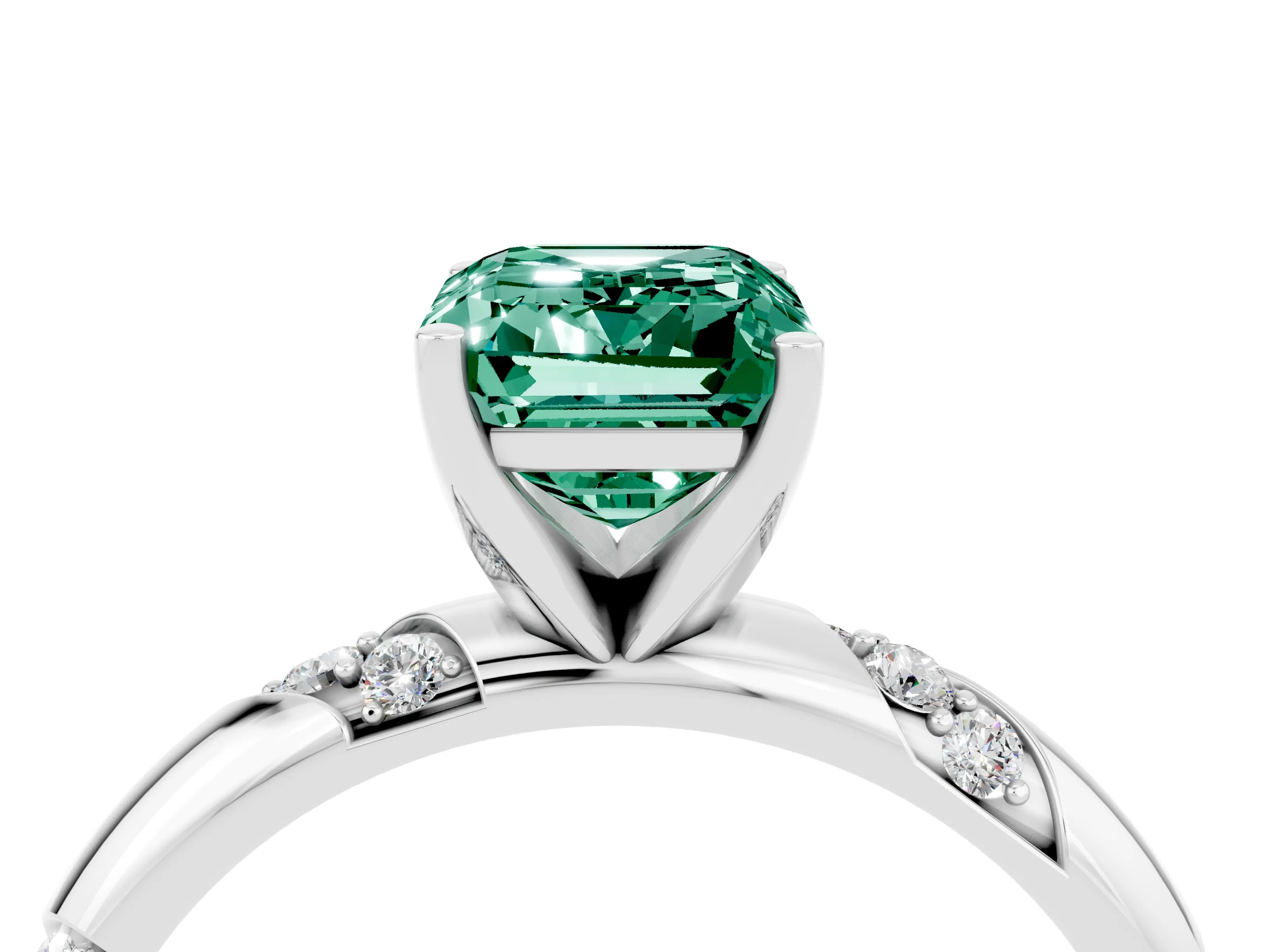 White gold Emerald Cut Solitaire Diamond Engagement Ring with Twisted Pave Band and Four-Prong Setting_4