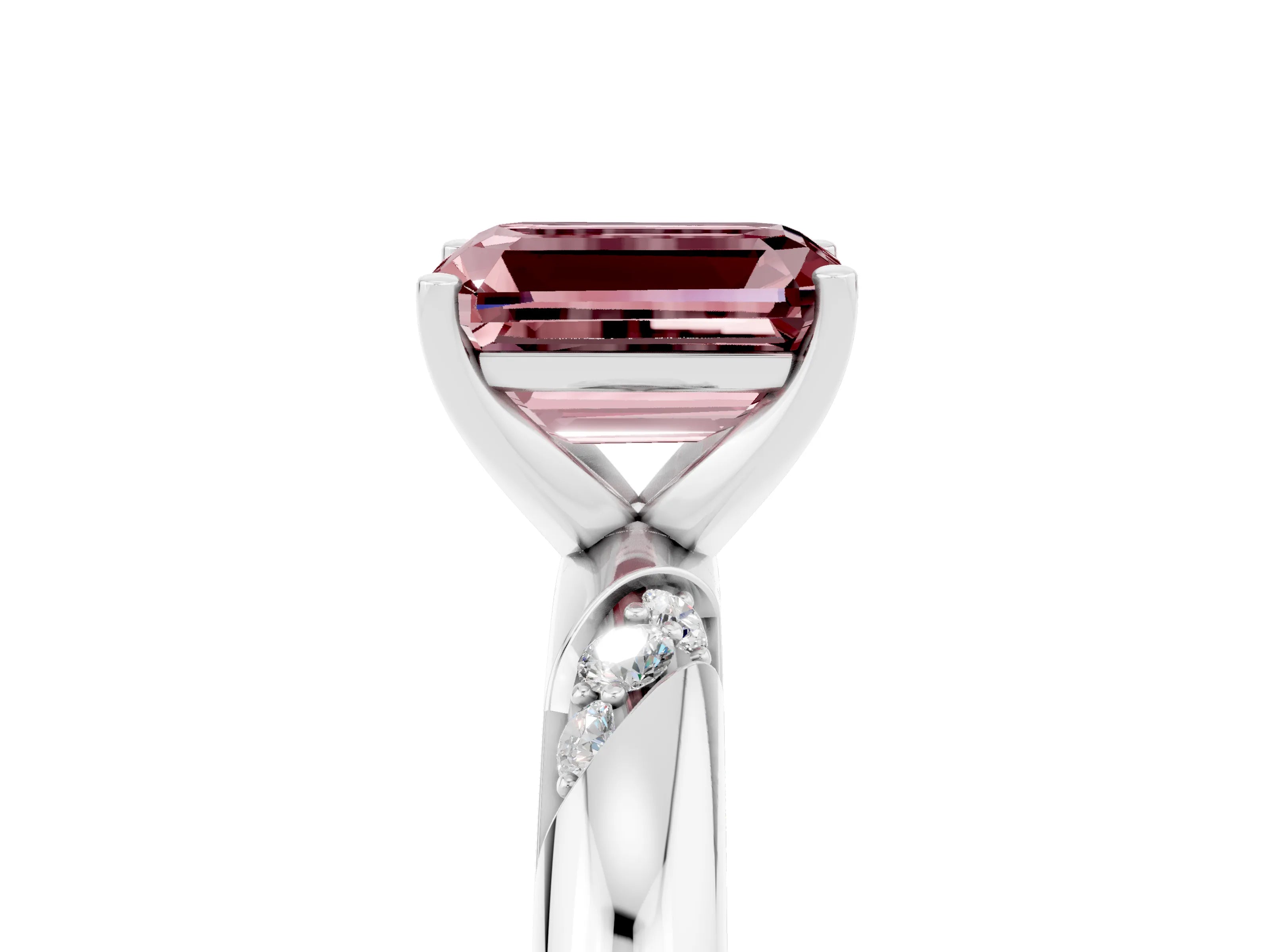 White gold Emerald Cut Solitaire Diamond Engagement Ring with Twisted Pave Band and Four-Prong Setting_5