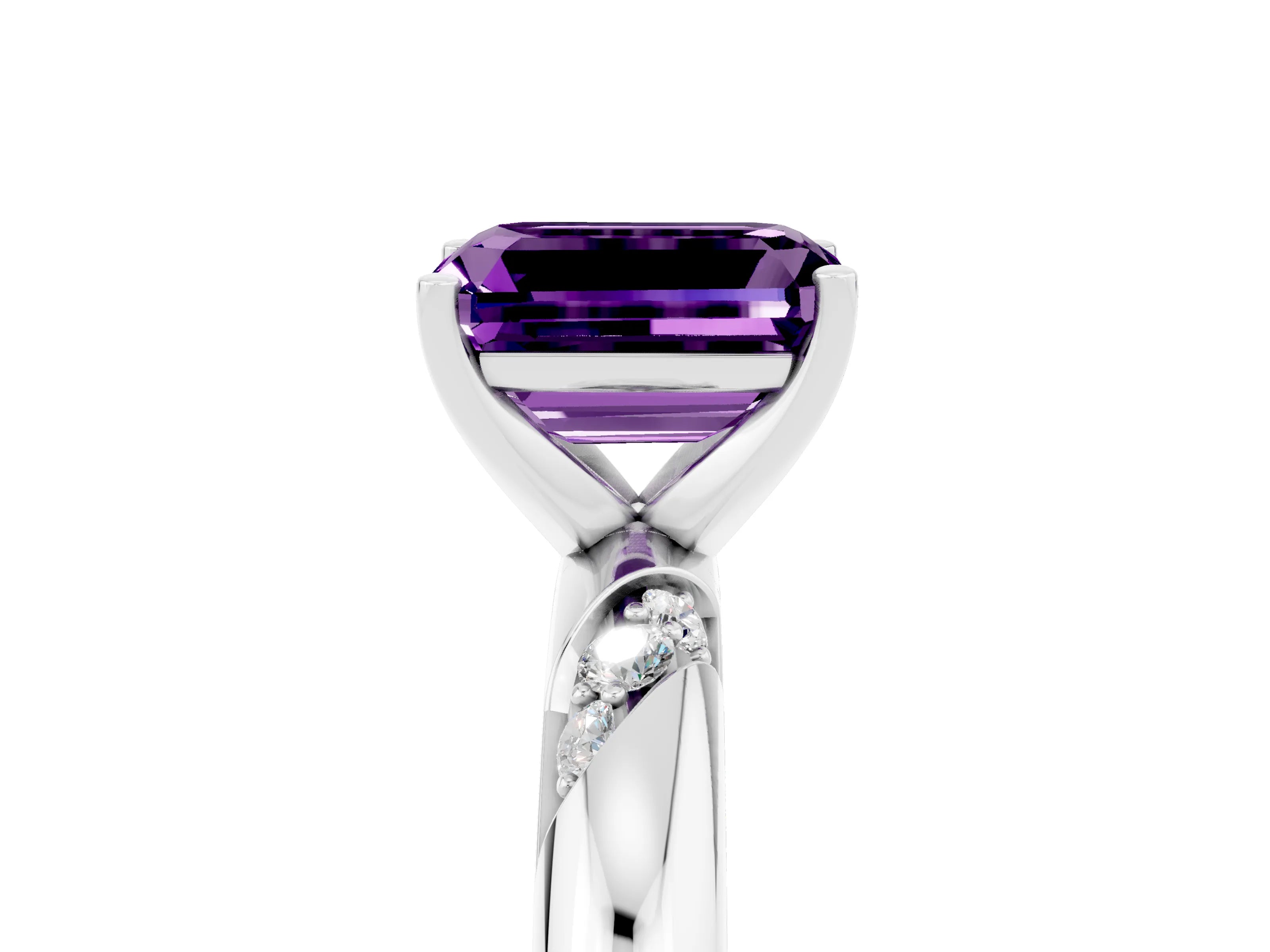 White gold Emerald Cut Solitaire Diamond Engagement Ring with Twisted Pave Band and Four-Prong Setting_5