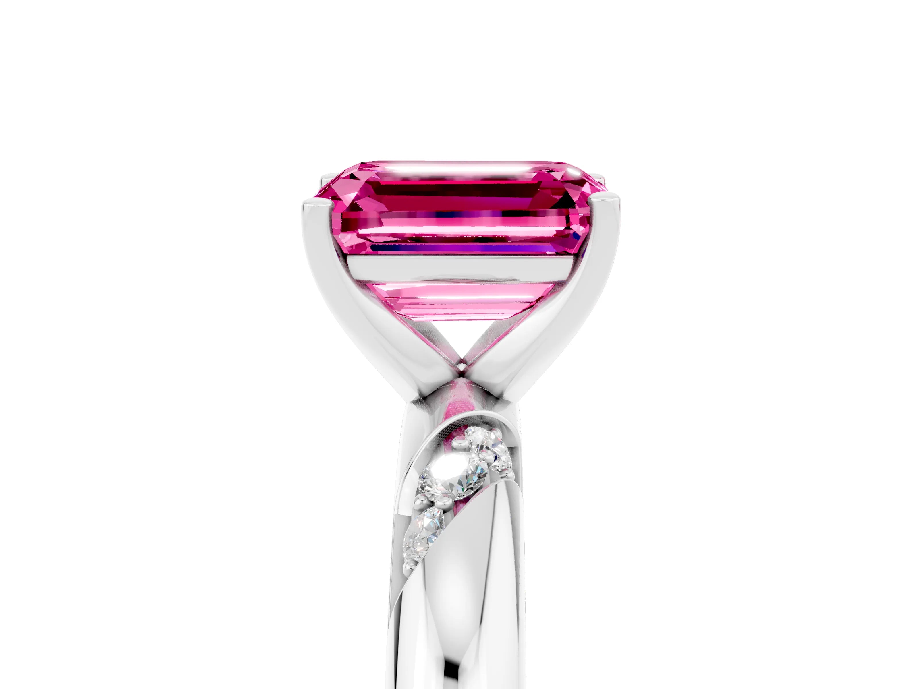White gold Emerald Cut Solitaire Diamond Engagement Ring with Twisted Pave Band and Four-Prong Setting_5