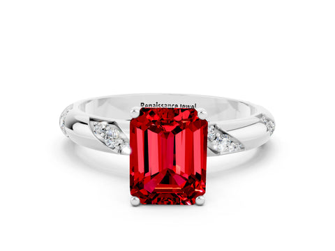 White gold Emerald Cut Solitaire Diamond Engagement Ring with Twisted Pave Band and Four-Prong Setting