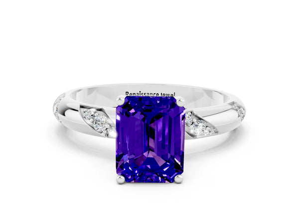 Silver Emerald Cut Tanzanite Solitaire Engagement Ring with Twisted Round  Accent Band and Prong Setting