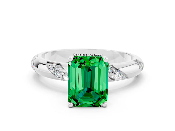 Platinum Emerald Cut Emerald Solitaire Engagement Ring with Twisted Round  Accent Band and Prong Setting