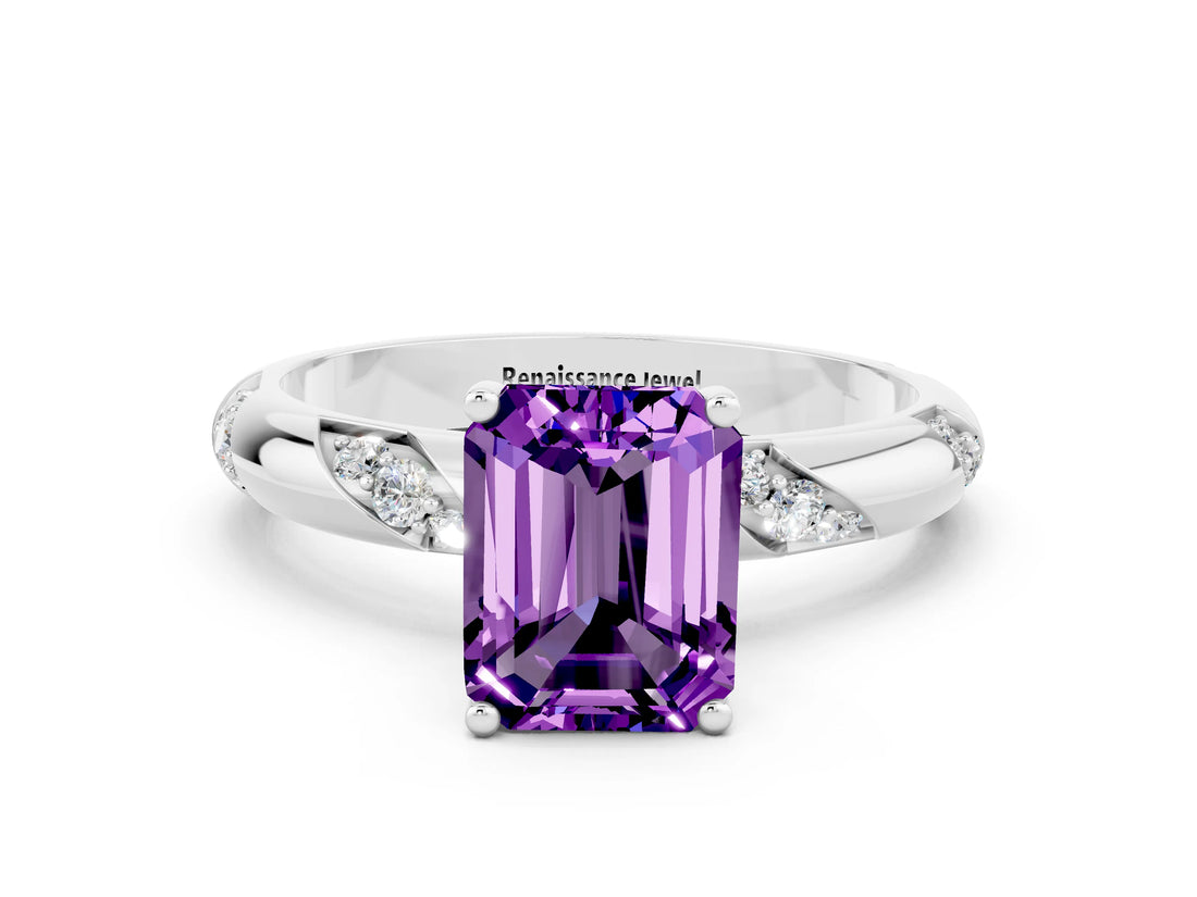 White gold Emerald Cut Solitaire Diamond Engagement Ring with Twisted Pave Band and Four-Prong Setting
