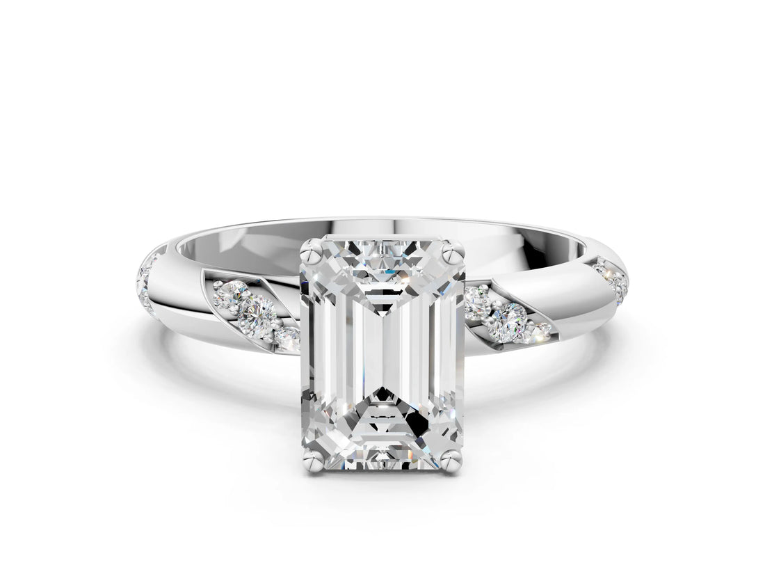 White gold Emerald Cut Solitaire Diamond Engagement Ring with Twisted Pave Band and Four-Prong Setting_7