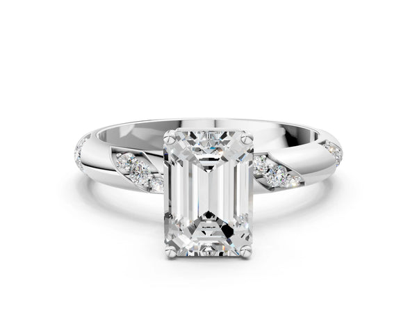 White gold Emerald Cut Solitaire Diamond Engagement Ring with Twisted Pave Band and Four-Prong Setting