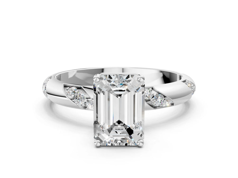 White gold Emerald Cut Solitaire Diamond Engagement Ring with Twisted Pave Band and Four-Prong Setting