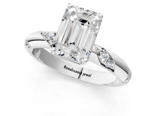 White gold Emerald Cut Solitaire Diamond Engagement Ring with Twisted Pave Band and Four-Prong Setting