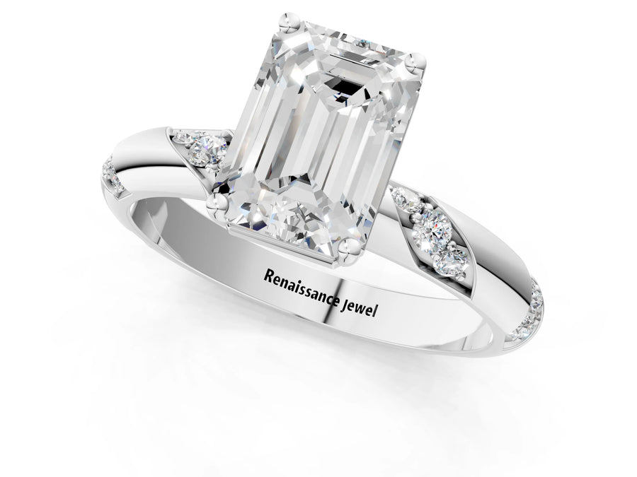 White gold Emerald Cut Solitaire Diamond Engagement Ring with Twisted Pave Band and Four-Prong Setting
