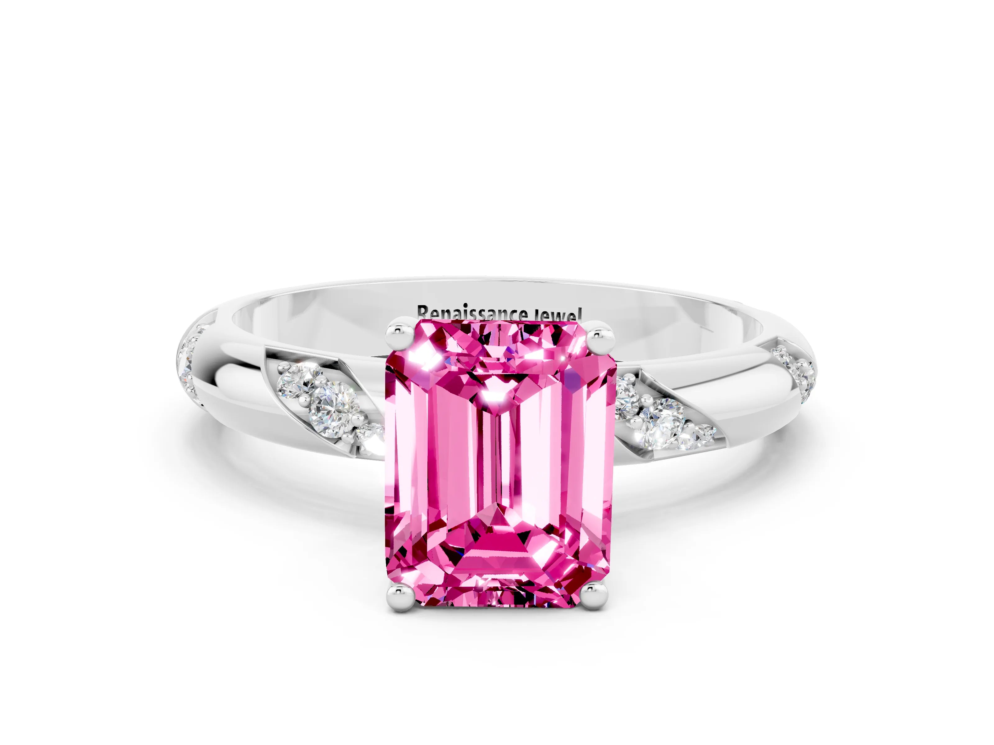 White gold Emerald Cut Solitaire Diamond Engagement Ring with Twisted Pave Band and Four-Prong Setting