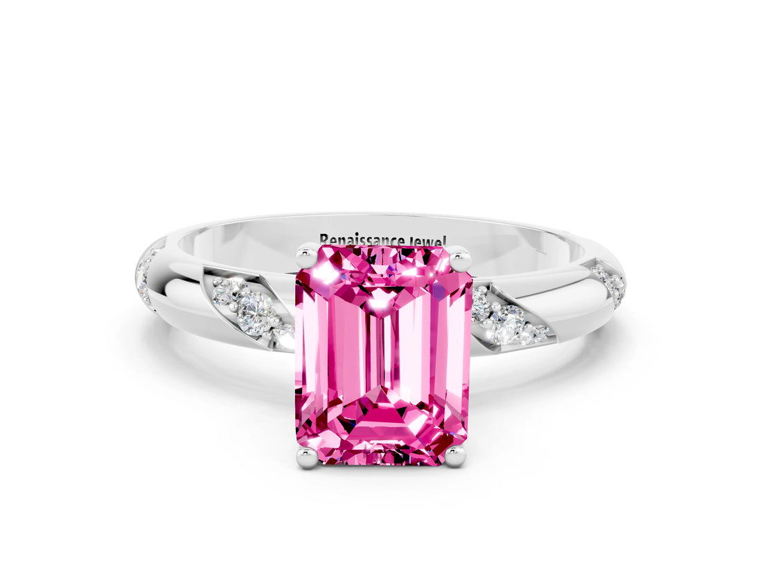 White gold Emerald Cut Solitaire Diamond Engagement Ring with Twisted Pave Band and Four-Prong Setting