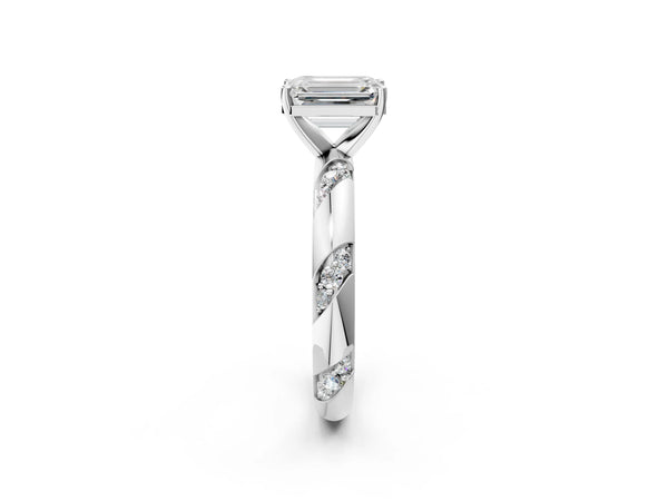 White gold Emerald Cut Solitaire Diamond Engagement Ring with Twisted Pave Band and Four-Prong Setting