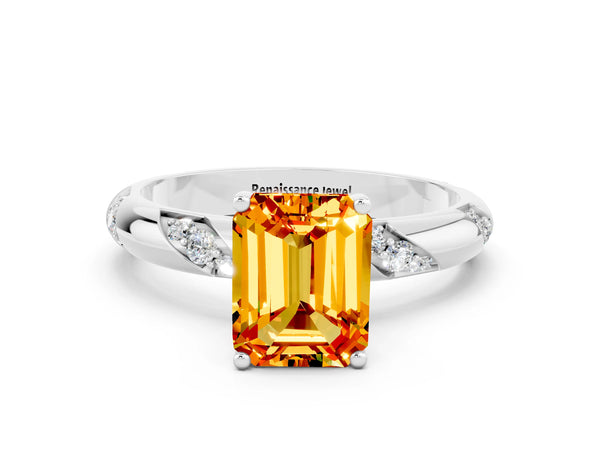 Platinum Emerald Cut Citrine Solitaire Engagement Ring with Twisted Round  Accent Band and Prong Setting