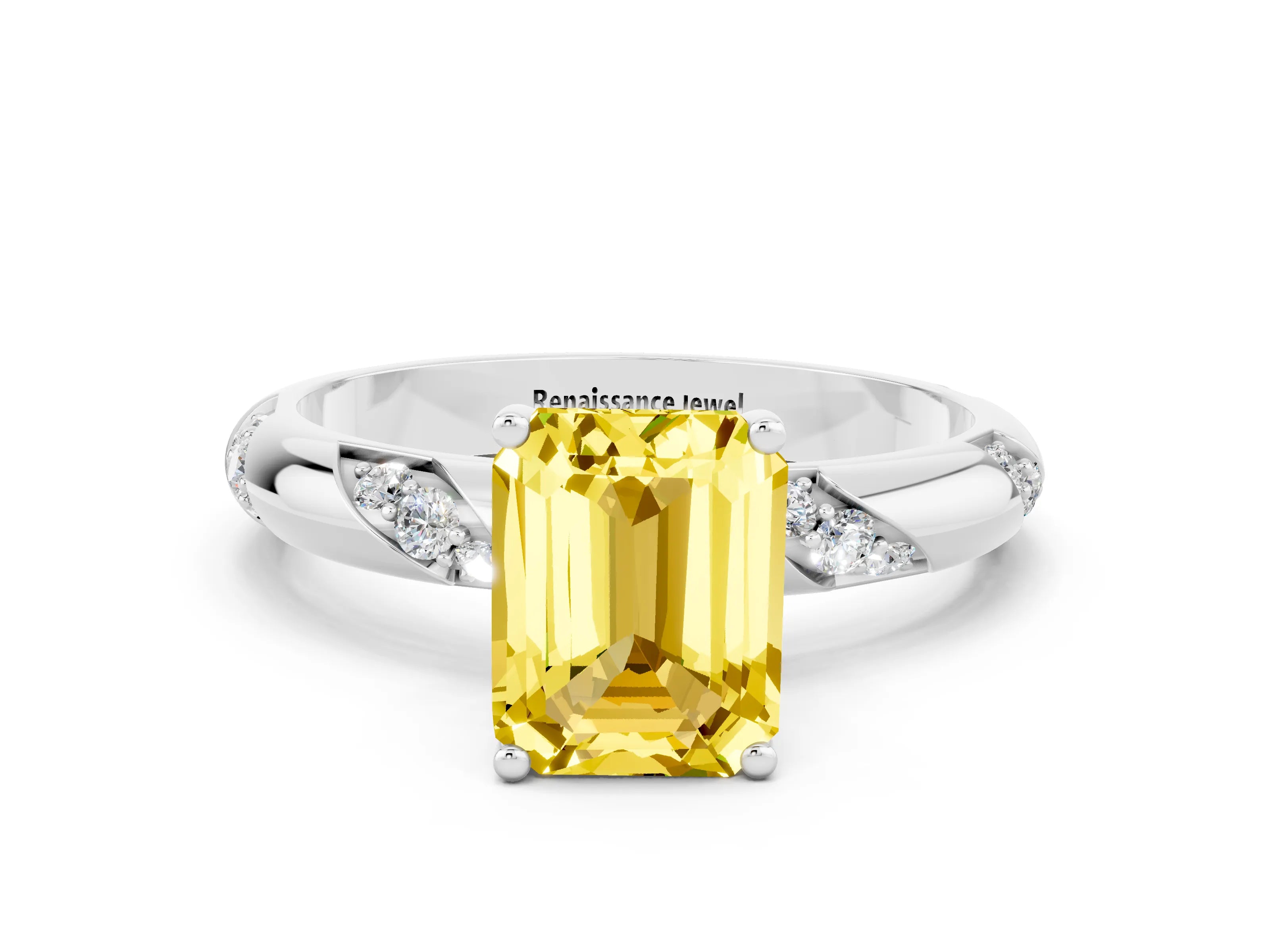 White gold Emerald Cut Solitaire Diamond Engagement Ring with Twisted Pave Band and Four-Prong Setting