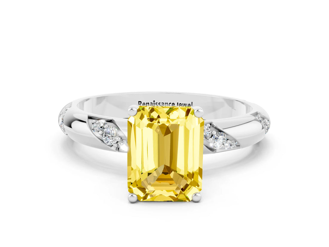 White gold Emerald Cut Solitaire Diamond Engagement Ring with Twisted Pave Band and Four-Prong Setting