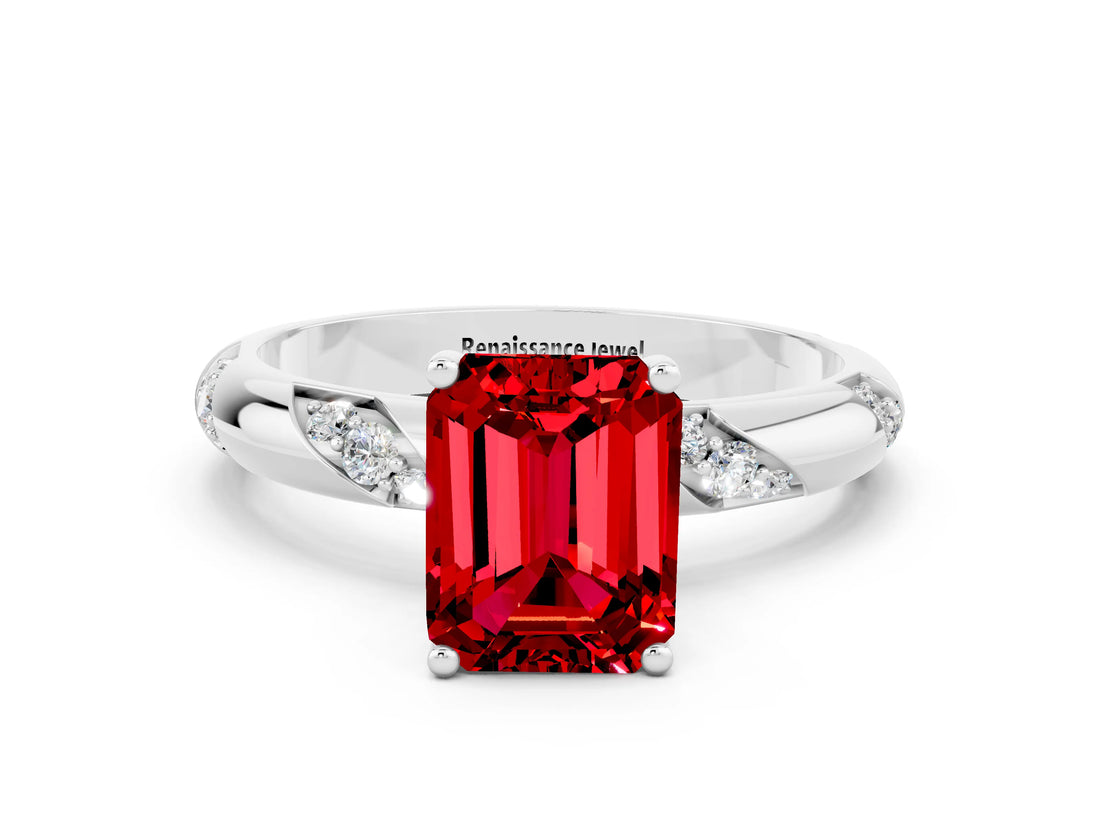 White gold Emerald Cut Solitaire Diamond Engagement Ring with Twisted Pave Band and Four-Prong Setting