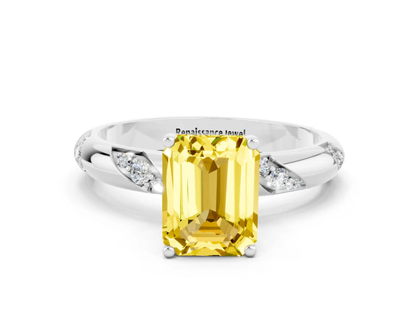Platinum Emerald Cut Yellow Sapphire Solitaire Engagement Ring with Twisted Round  Accent Band and Prong Setting