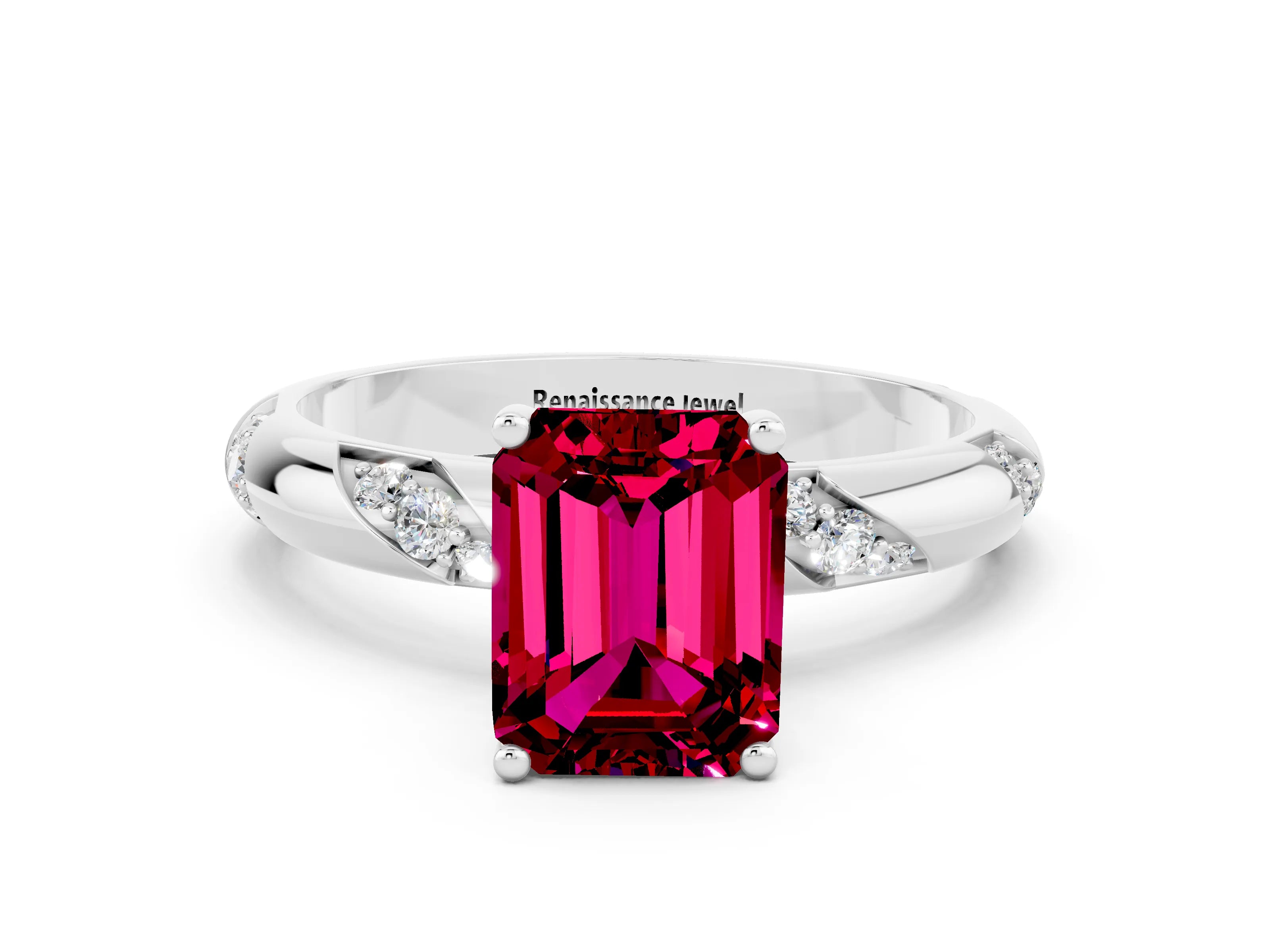 White gold Emerald Cut Solitaire Diamond Engagement Ring with Twisted Pave Band and Four-Prong Setting