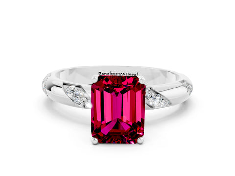 White gold Emerald Cut Solitaire Diamond Engagement Ring with Twisted Pave Band and Four-Prong Setting