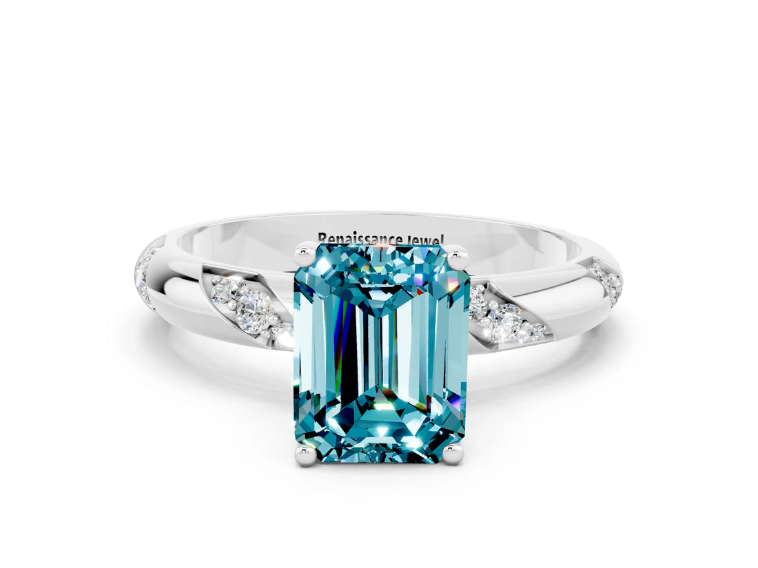White gold Emerald Cut Solitaire Diamond Engagement Ring with Twisted Pave Band and Four-Prong Setting