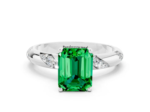 White gold Emerald Cut Solitaire Diamond Engagement Ring with Twisted Pave Band and Four-Prong Setting