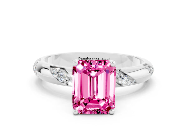 Platinum Emerald Cut Pink Sapphire Solitaire Engagement Ring with Twisted Round  Accent Band and Prong Setting