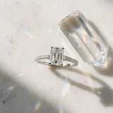 White gold Emerald Cut Solitaire Diamond Ring with Pave Band and Four-Prong Setting_7