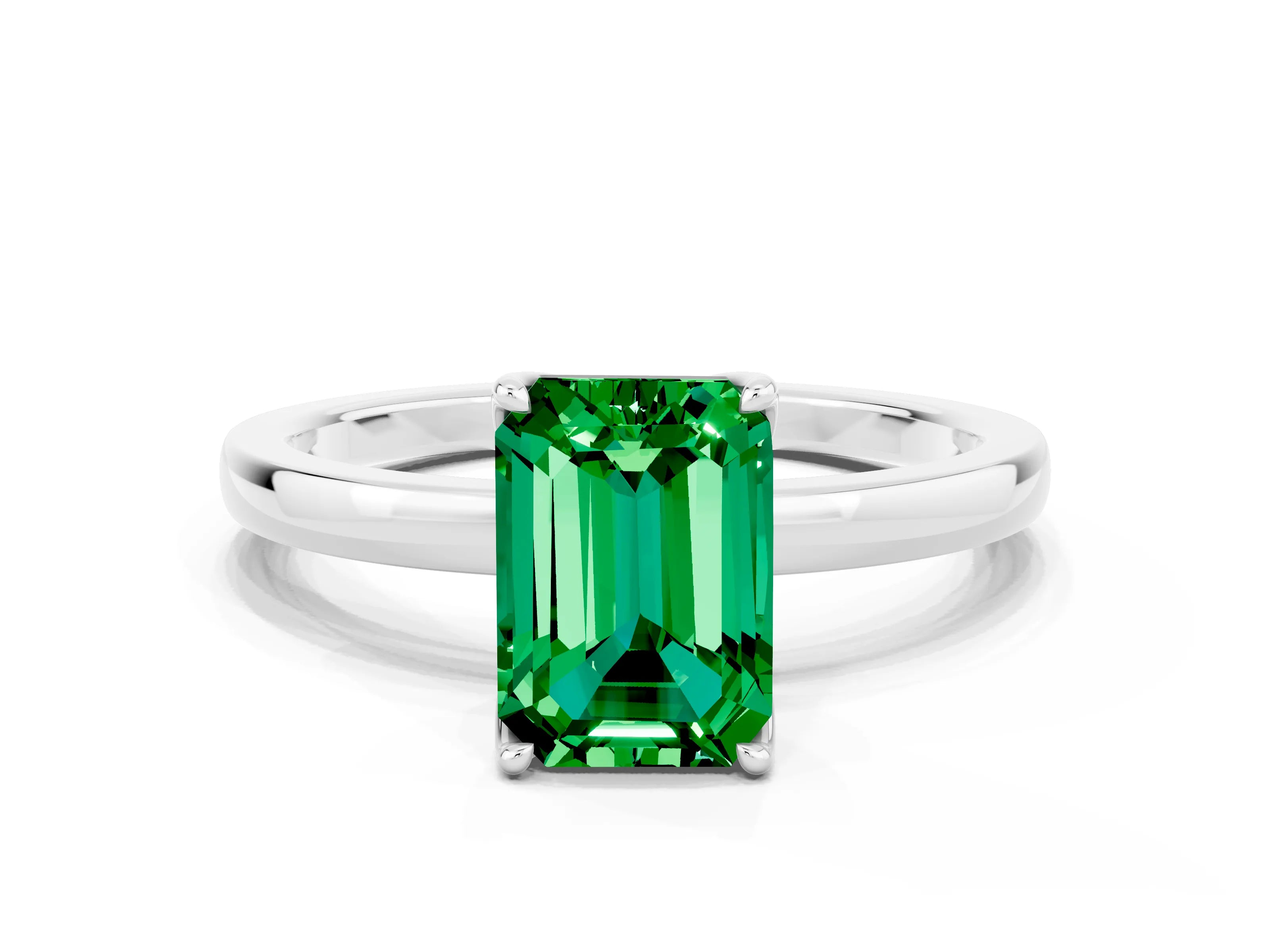 White gold Emerald Cut Solitaire Diamond Ring with Thin Band and Four-Prong Setting