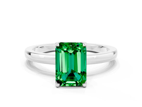 White gold Emerald Cut Solitaire Diamond Ring with Thin Band and Four-Prong Setting