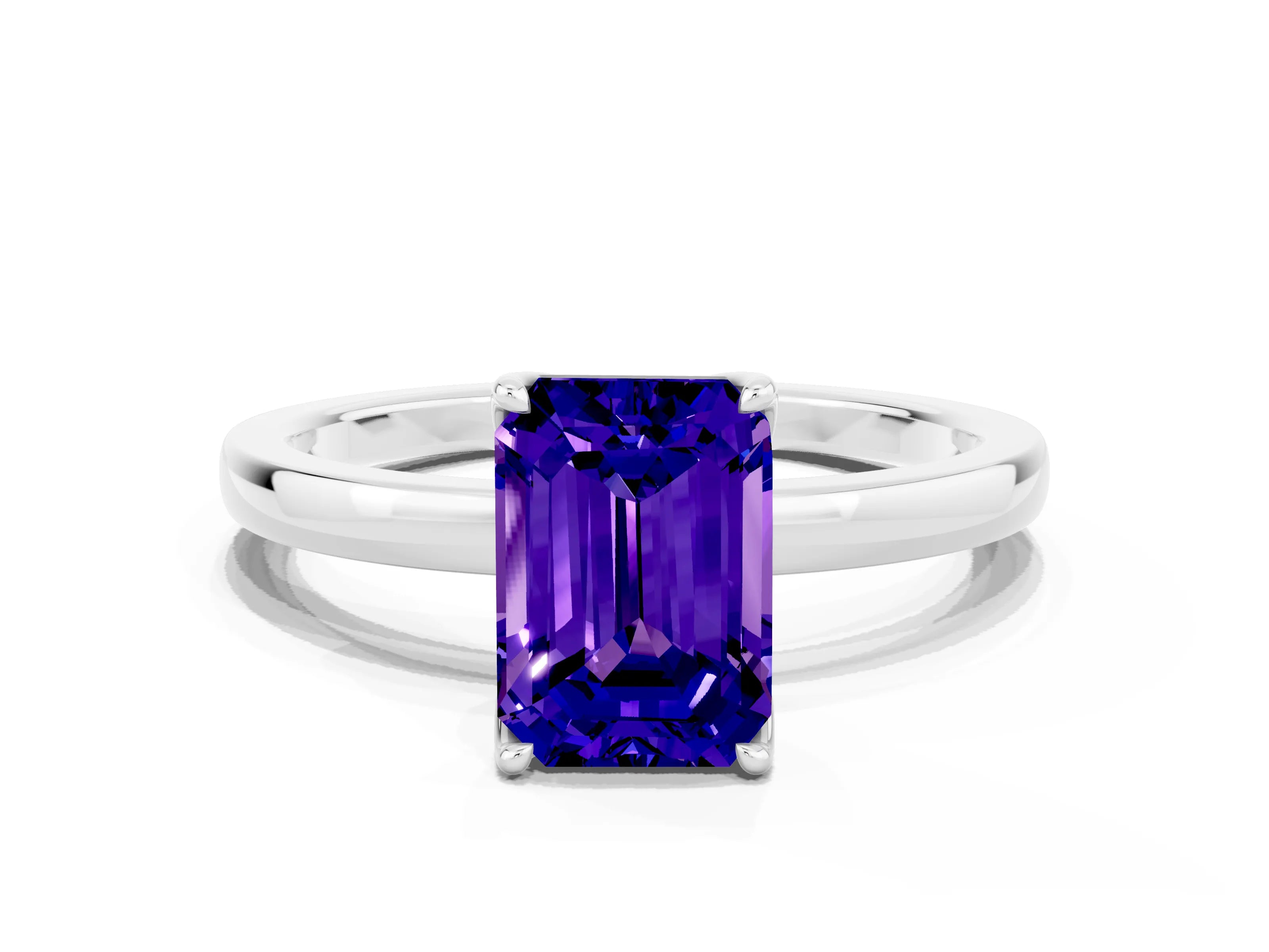 White gold Emerald Cut Solitaire Diamond Ring with Thin Band and Four-Prong Setting