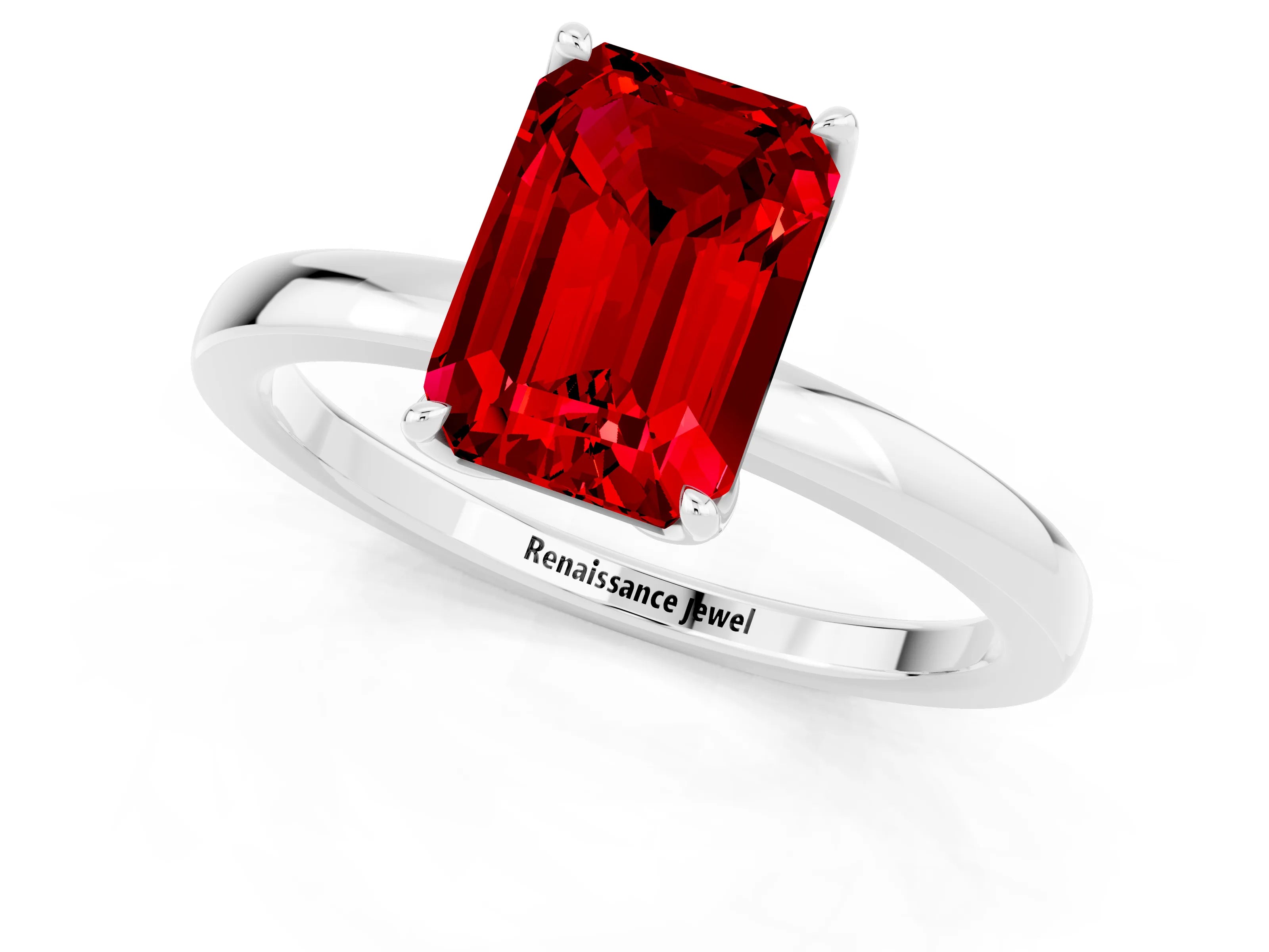 White gold Emerald Cut Solitaire Diamond Ring with Thin Band and Four-Prong Setting_1