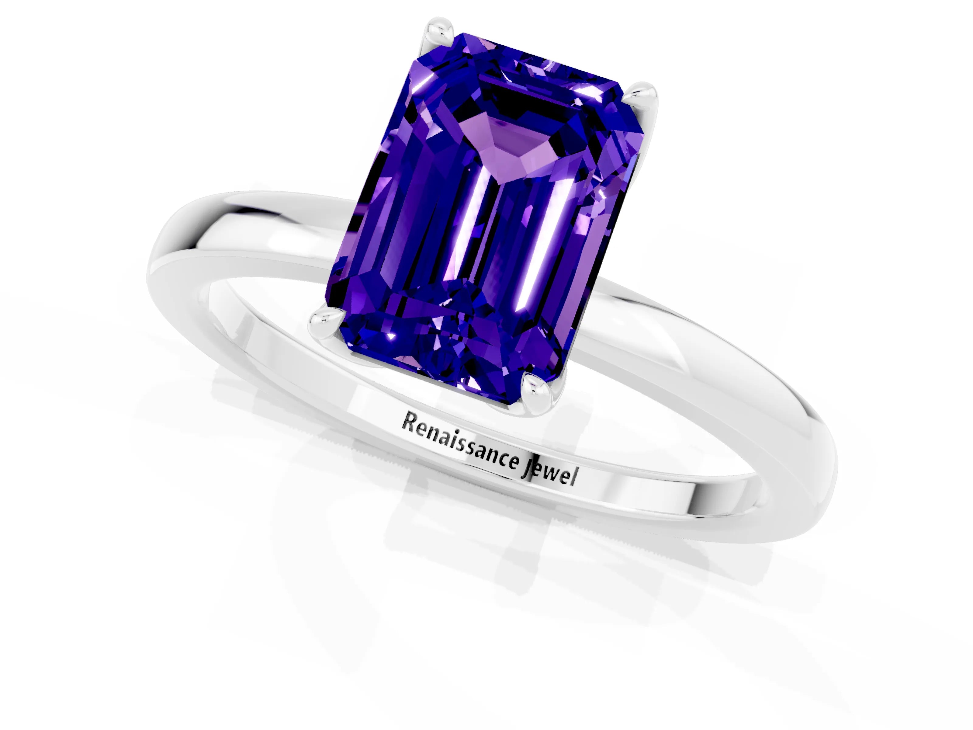 White gold Emerald Cut Solitaire Diamond Ring with Thin Band and Four-Prong Setting_1